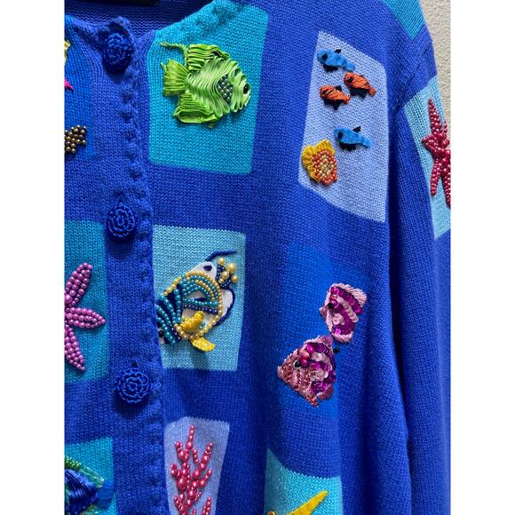 VTG Michael Simon y2k Ocean Aquarium Wearable Art Cardigan Sweater 2X Blue Fish - Picture 9 of 13